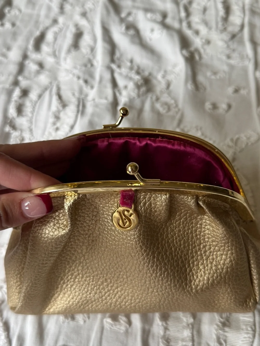 Victoria's Secret Gold Metallic Kiss-Lock Clutch with Pink Tab
